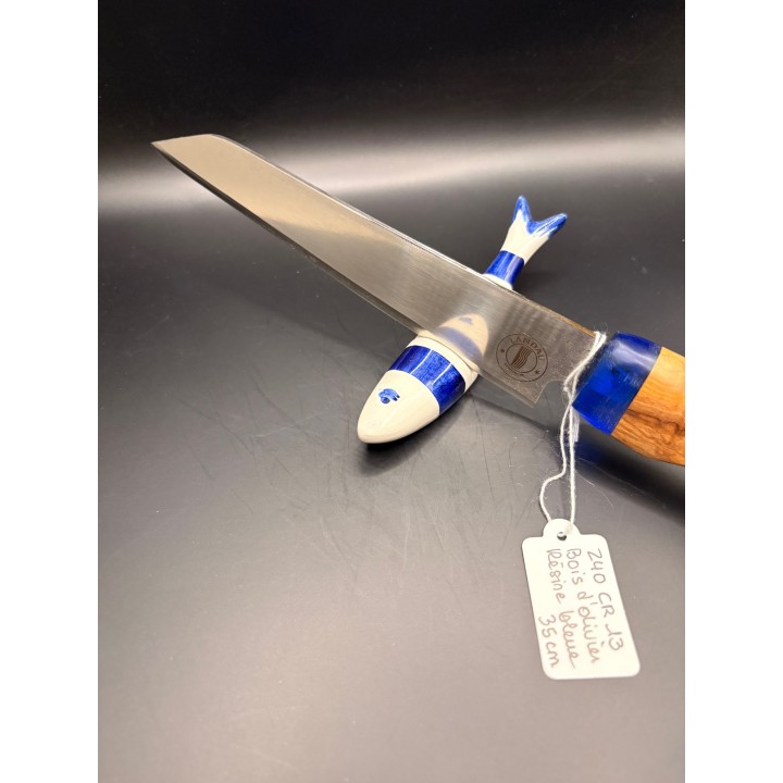 couteau Inox Z40CR3 bois d'olivier/résine bleue35 cm