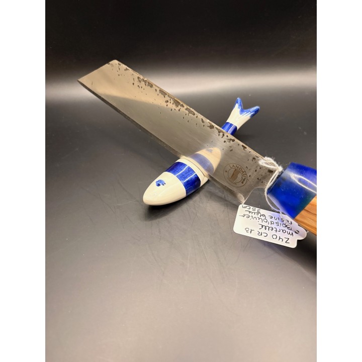 couteau Inox Z40CR3 martelé bois d'olivier/résine bleue 35 cm