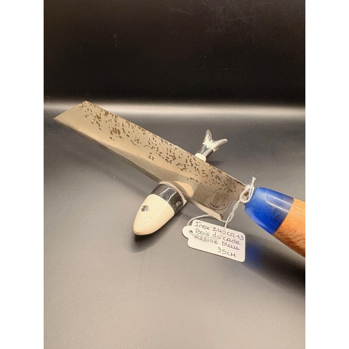 couteau inox Z40 CR13 martelé bois de cade / résine bleu 35 cm