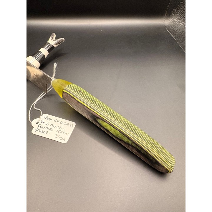 couteau inox Z40 CR13 bois multi couche / résine jaune 30 cm
