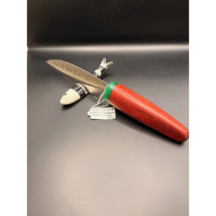 couteau inox Z40 CR13 martelé bois d'amarante / résine verte 28 cm