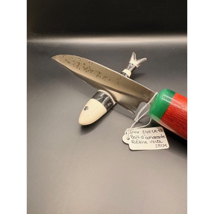 couteau inox Z40 CR13 martelé bois d'amarante / résine verte 28 cm